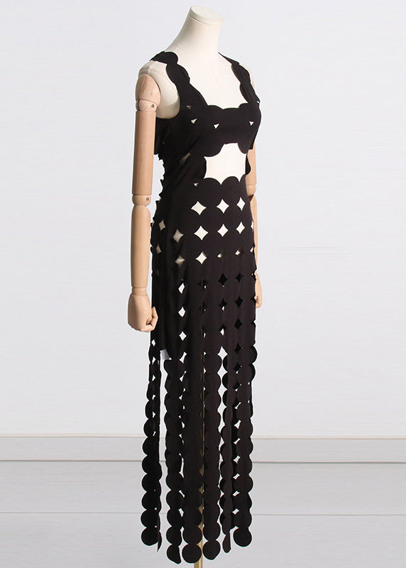 Black Hollow Out Backless Cotton Spaghetti Strap Dress Sleeveless