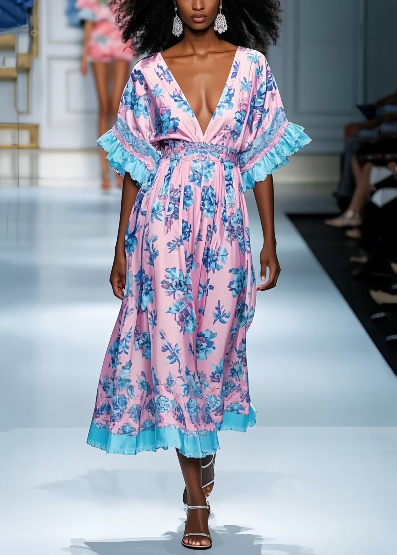 Style Pink Deep-v Neck Print Silk Dress Summer