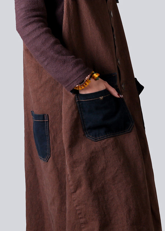 Brown Pockets Drawstring Denim Strap Dresses Fall