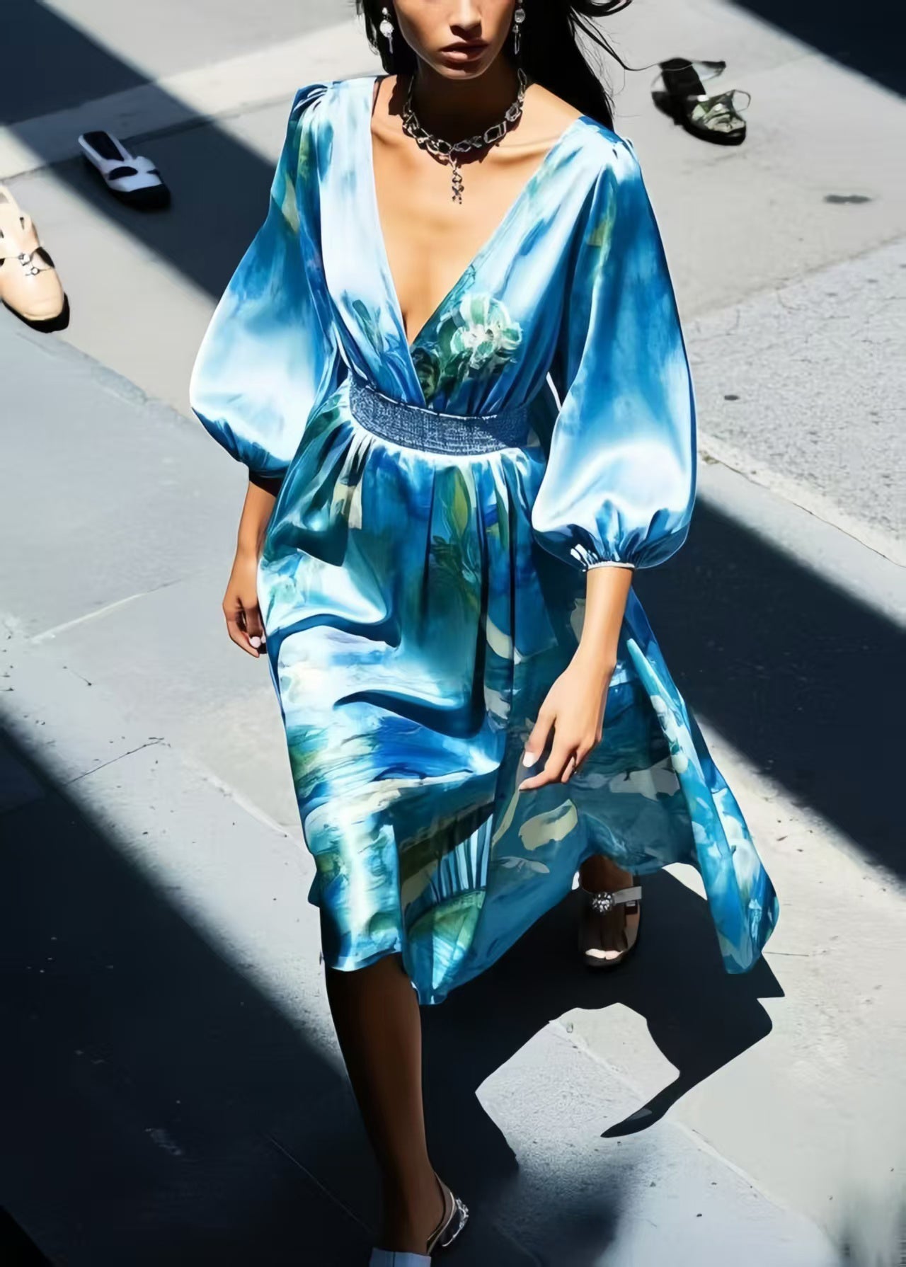 Blue Print Silk Tunic Dress Bracelet Sleeve