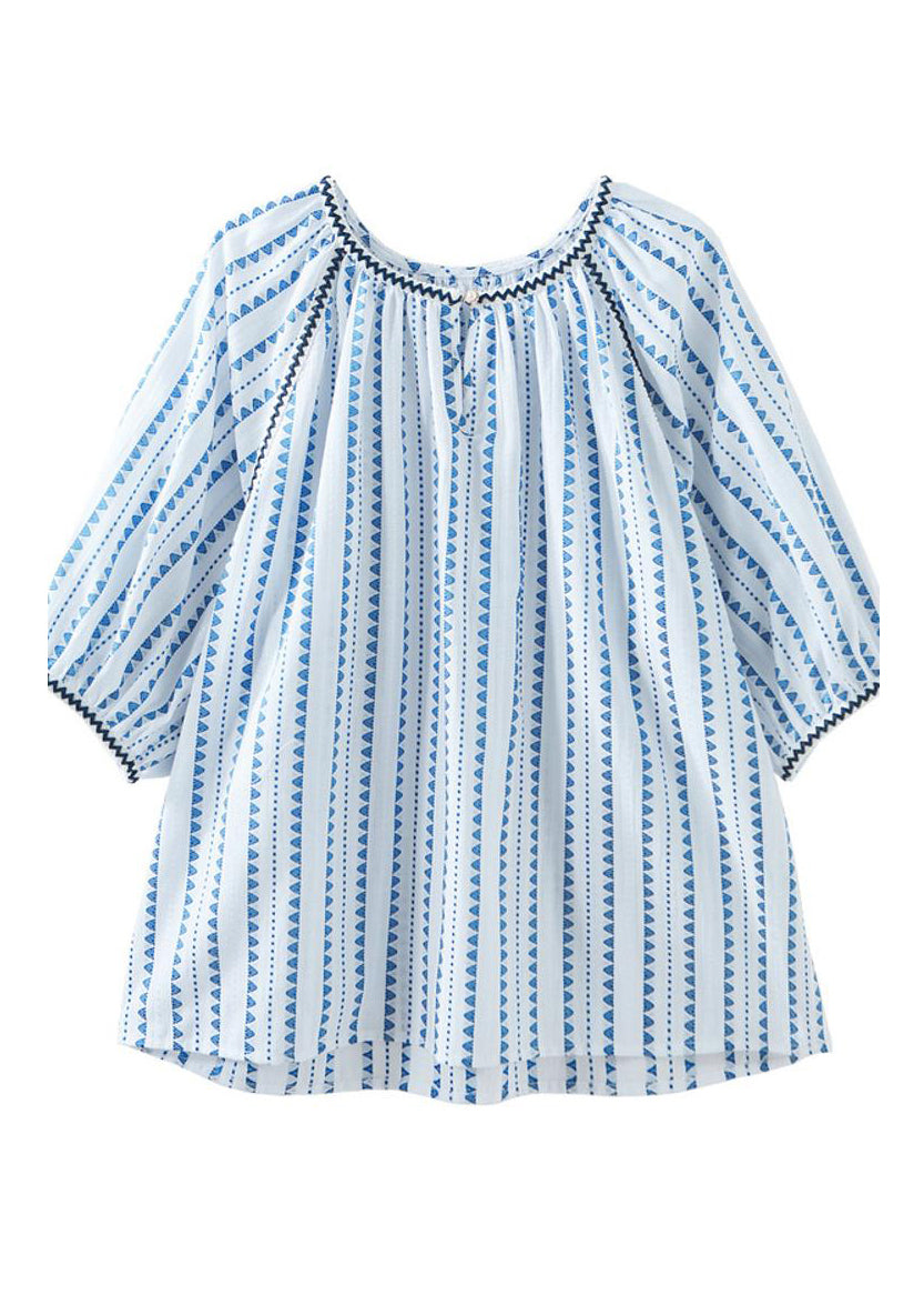 Modern Blue O-neck Chiffon Print Shirts Puff Sleeve