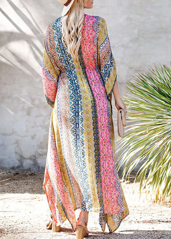 Colorblock V-neck Print Tie Waist Swimwear Long Beach Dress