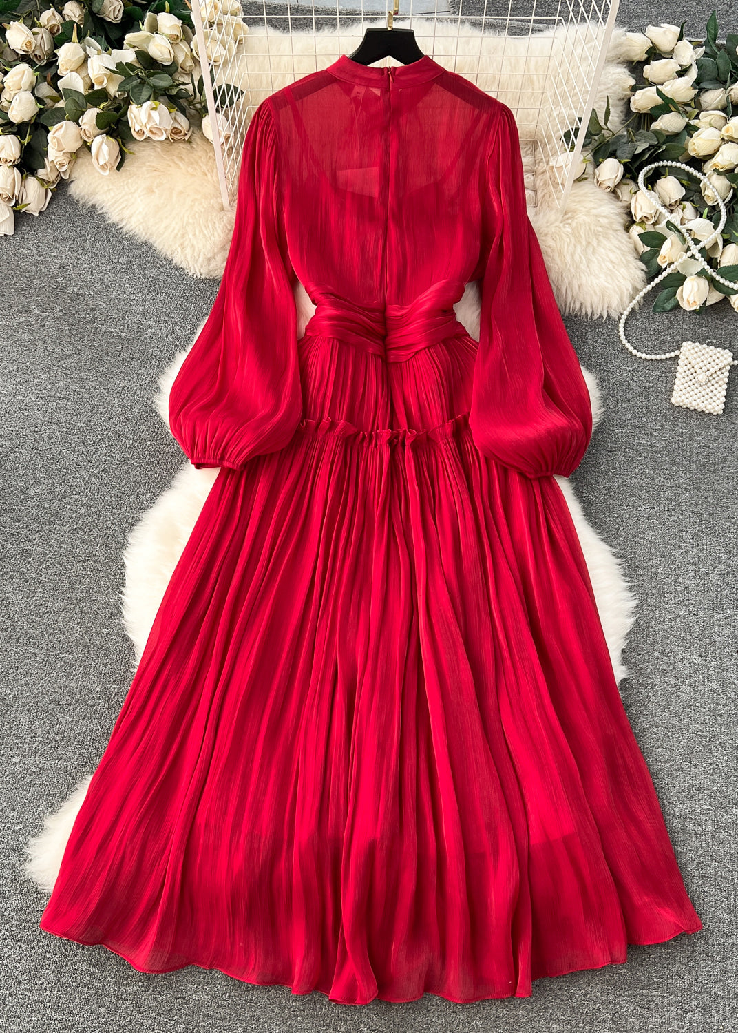 Art Red Wrinkled Patchwork Silk Cotton Dress Long Sleeve