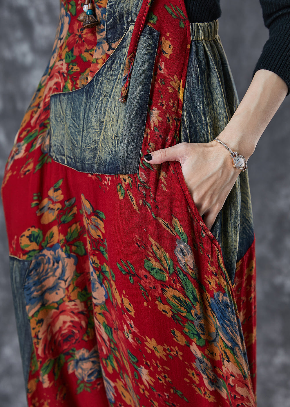 Red Asymmetrical Patchwork Cotton Overalls Jumpsuit Summer