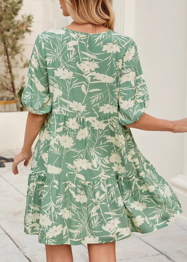 Green V Neck Print Cotton Mid Dress Summer