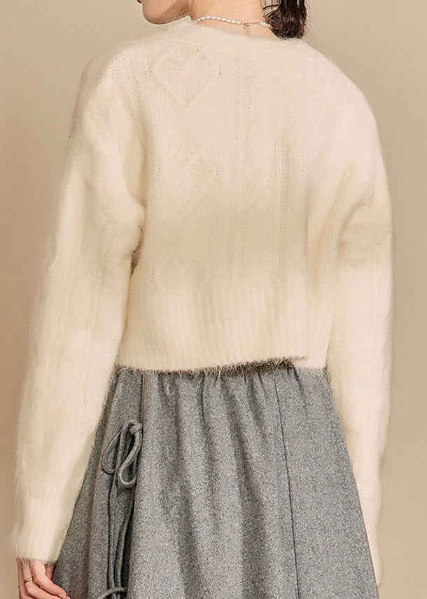 White V Neck Woolen Short Cardigans Fall