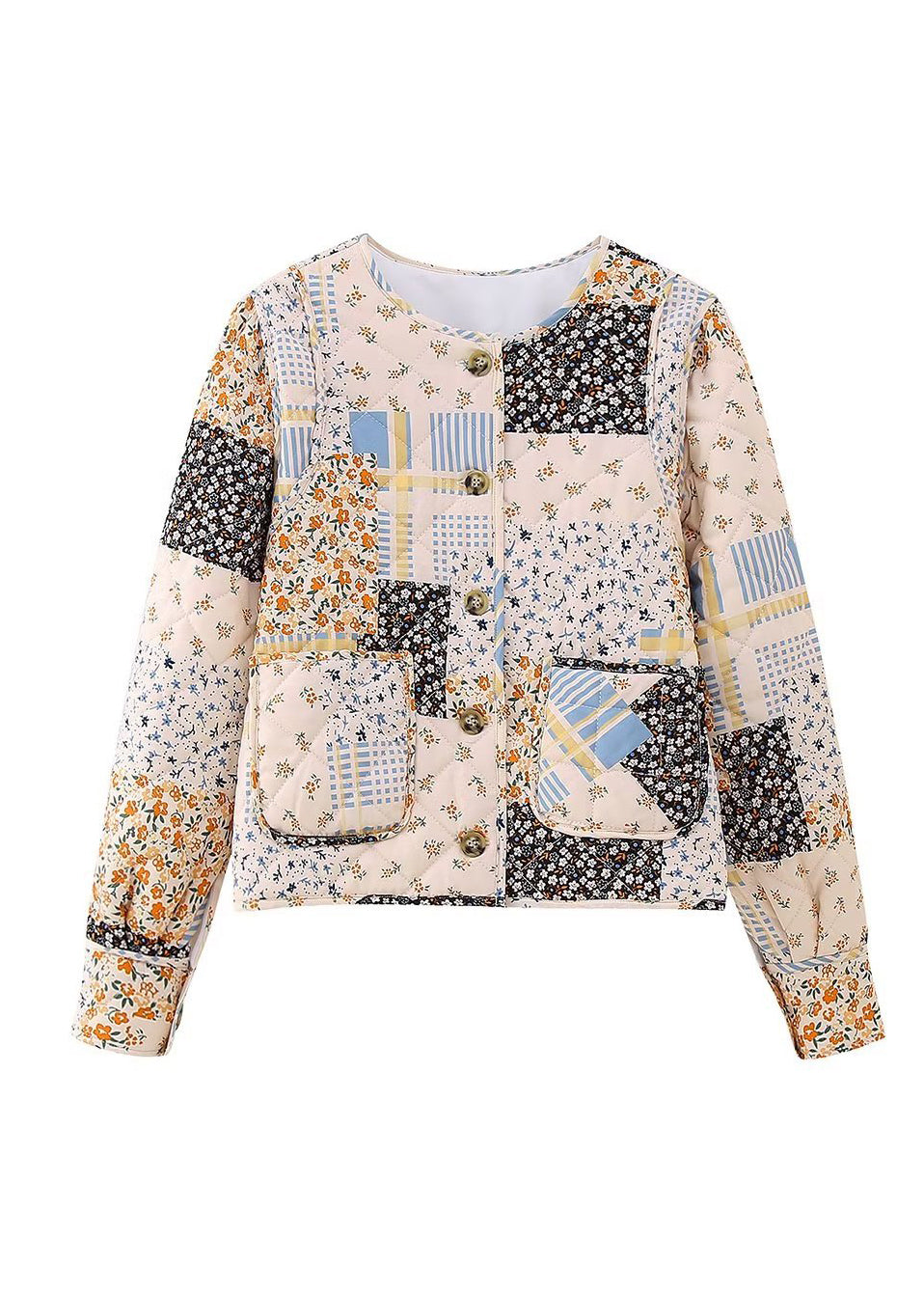 Stylish O Neck Pockets Print Fine Cotton Filled Short Coat Winter