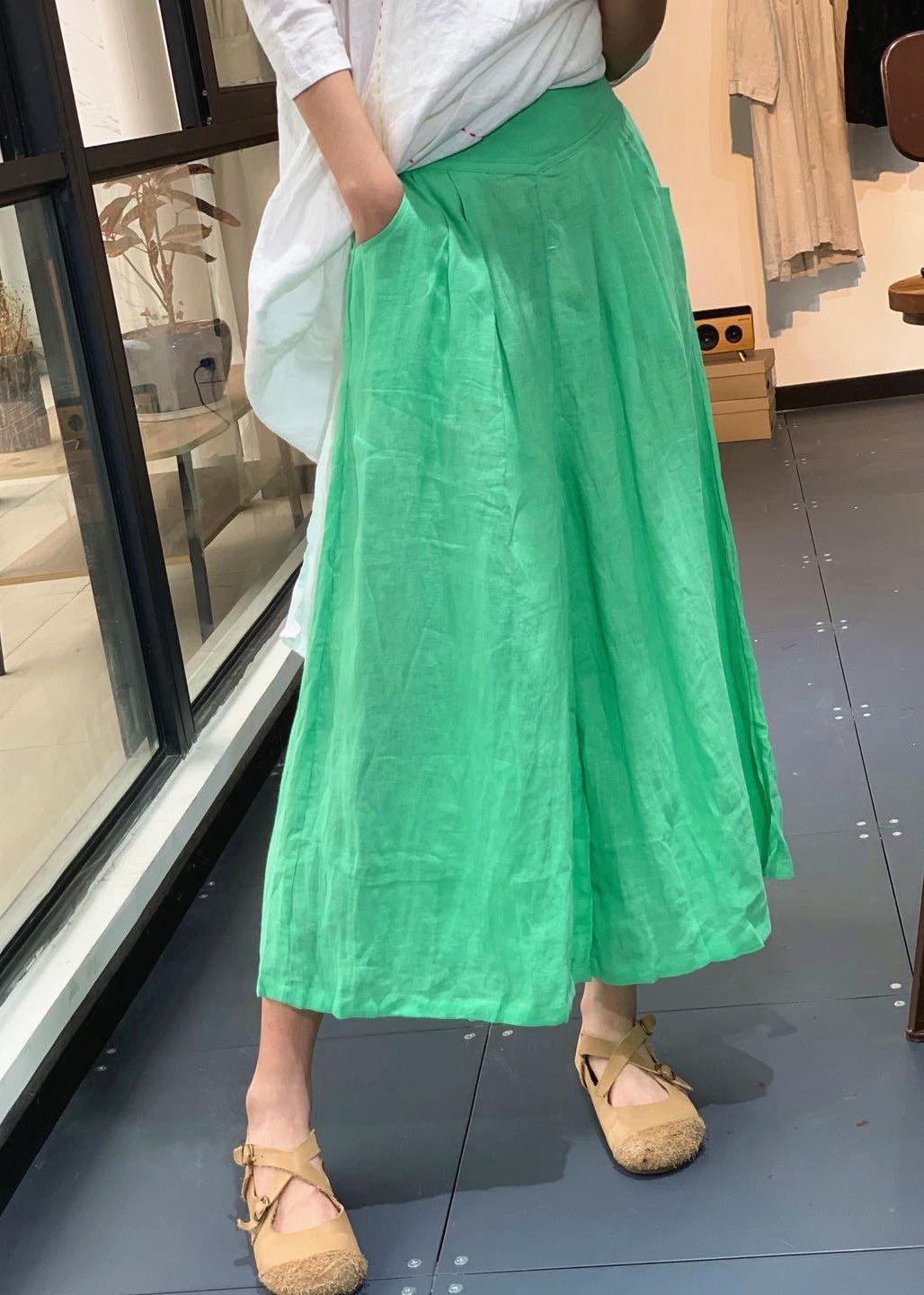Simple Yellow Pockets High Waist Linen Wide Leg Pants Summer