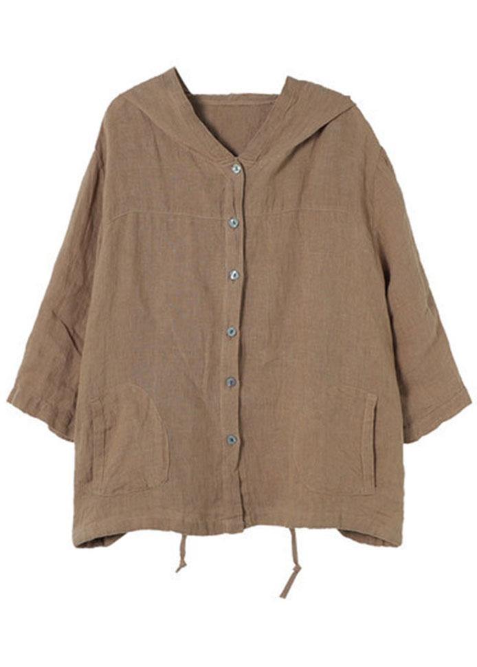 French Chocolate Linenhooded Summerpatchwork Shirt Tops