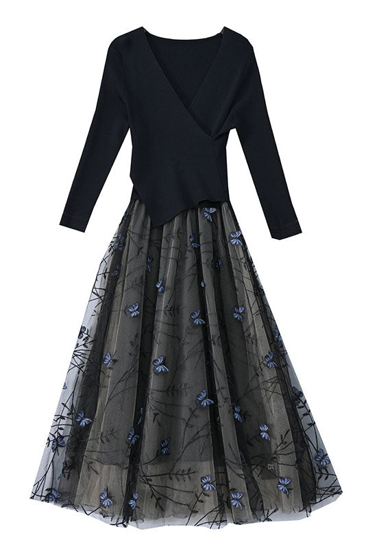 French Long Sleeve Knitted Mesh Embroidery Dress