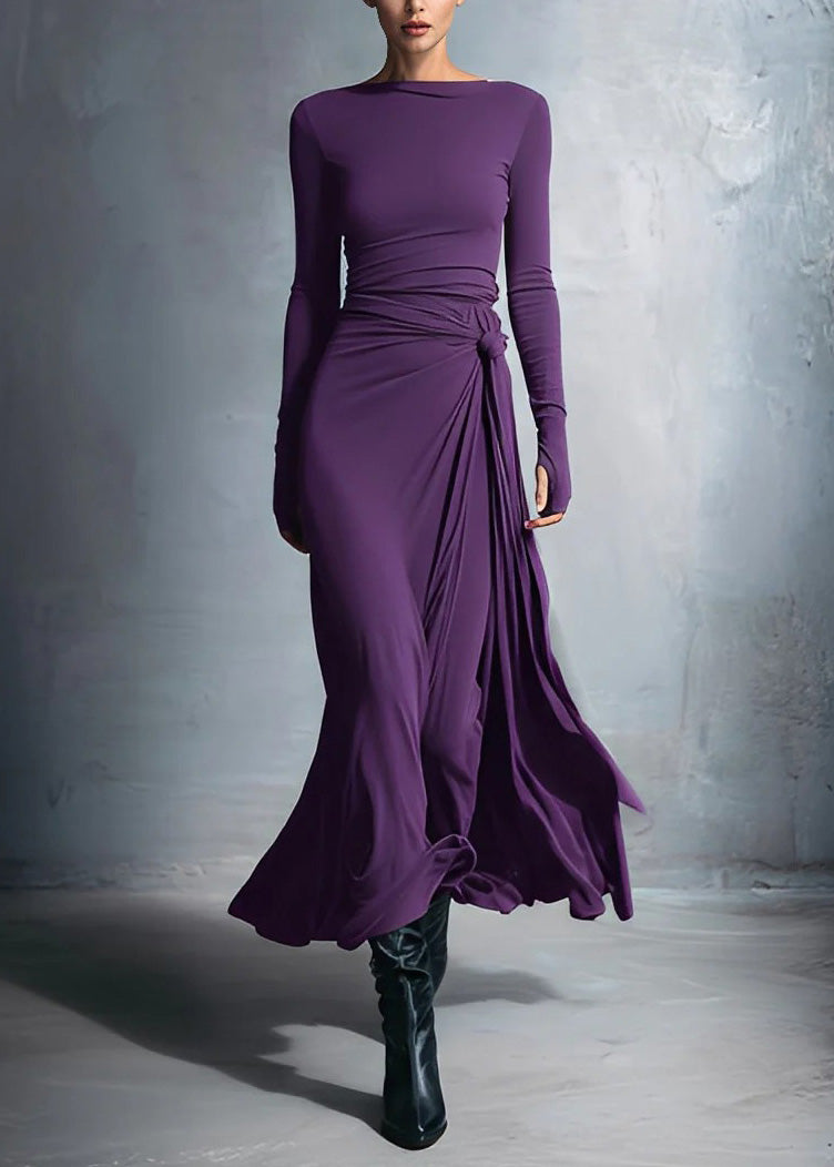 Fitted Grey Slash Neck Patchwork Cotton Long Dress Fall