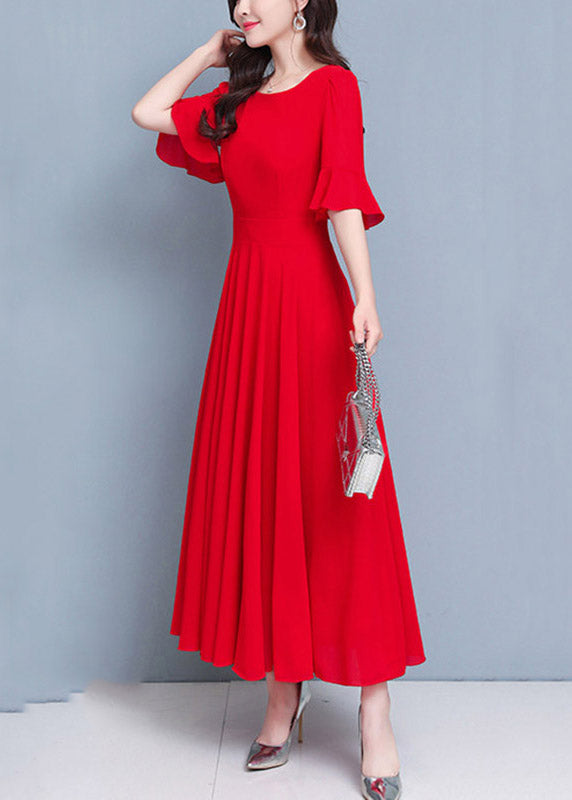 French Red O-neck Patchwork High Waist Maxi Dress Summer