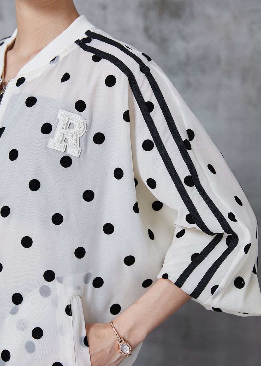 Beige Oversized Dot Print Spandex Jackets Fall