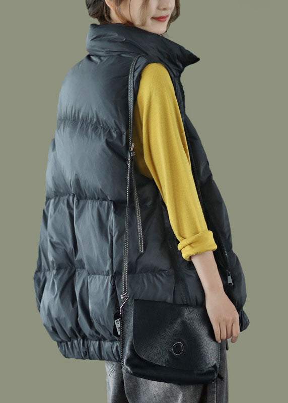 Organic Tea Green Stand Collar Zippered Thick Winter Tops Sleeveless Vest