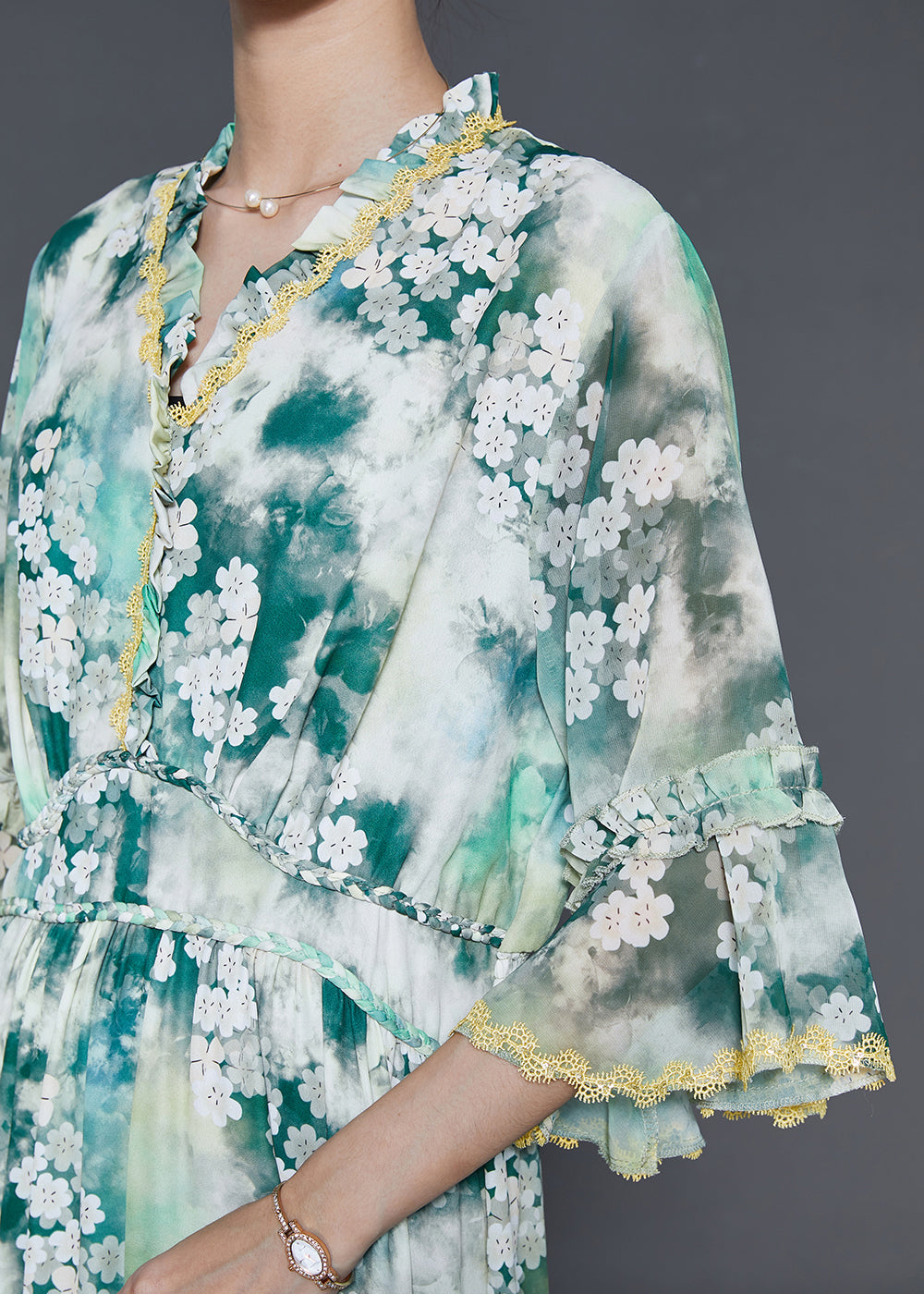 Green Ruffled Chiffon Holiday Dress Summer