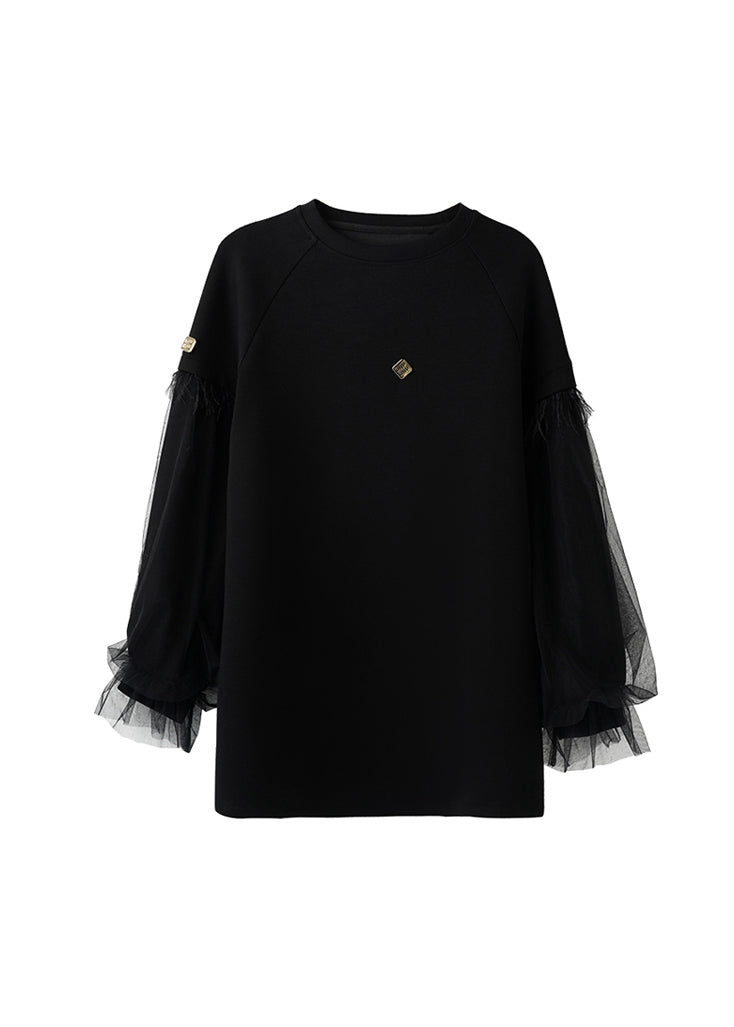 Black O Neck Tulle Patchwork Cotton Sweatshirts Top Fall