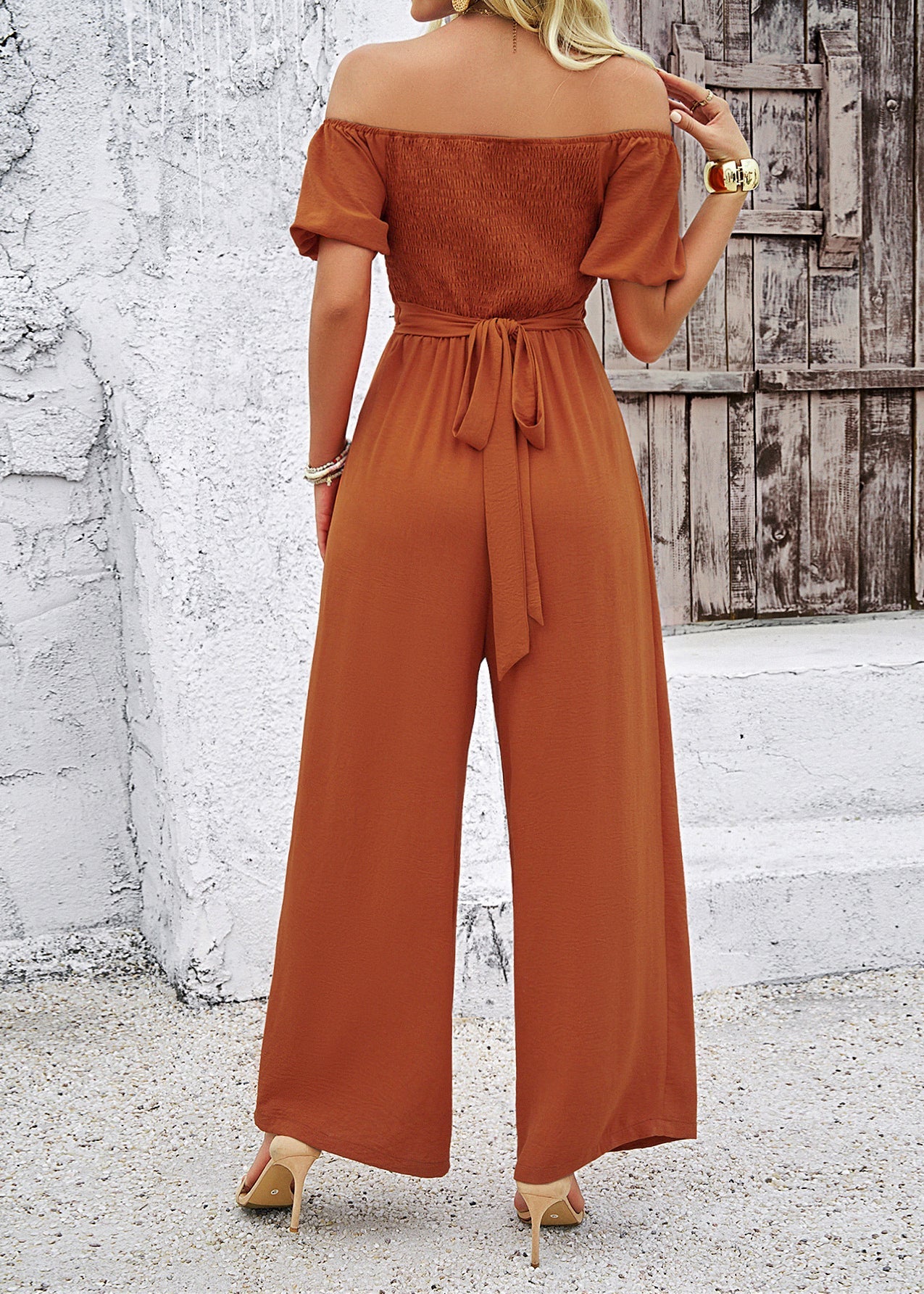 Brown Slash Neck Hollow Out Cotton Jumpsuit Summer