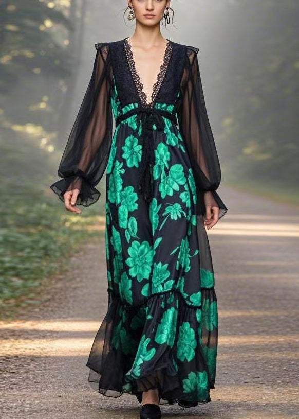 Black V Neck Print Chiffon Long Dresses Butterfly Sleeve