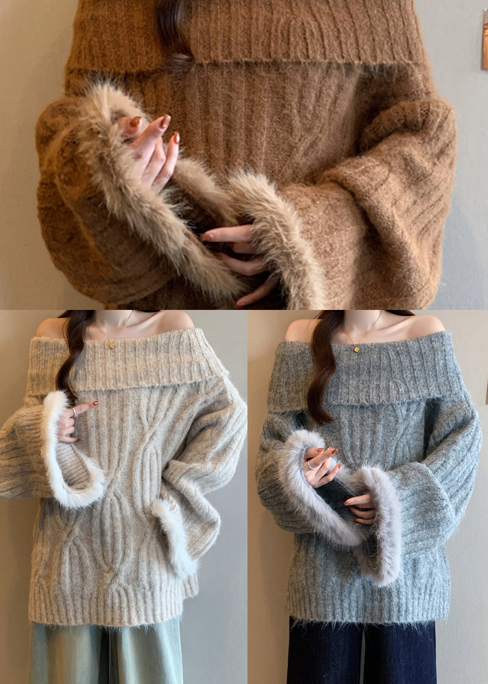 Brown Cold Shoulder Patchwork Faux Fur Knitted Tops Winter