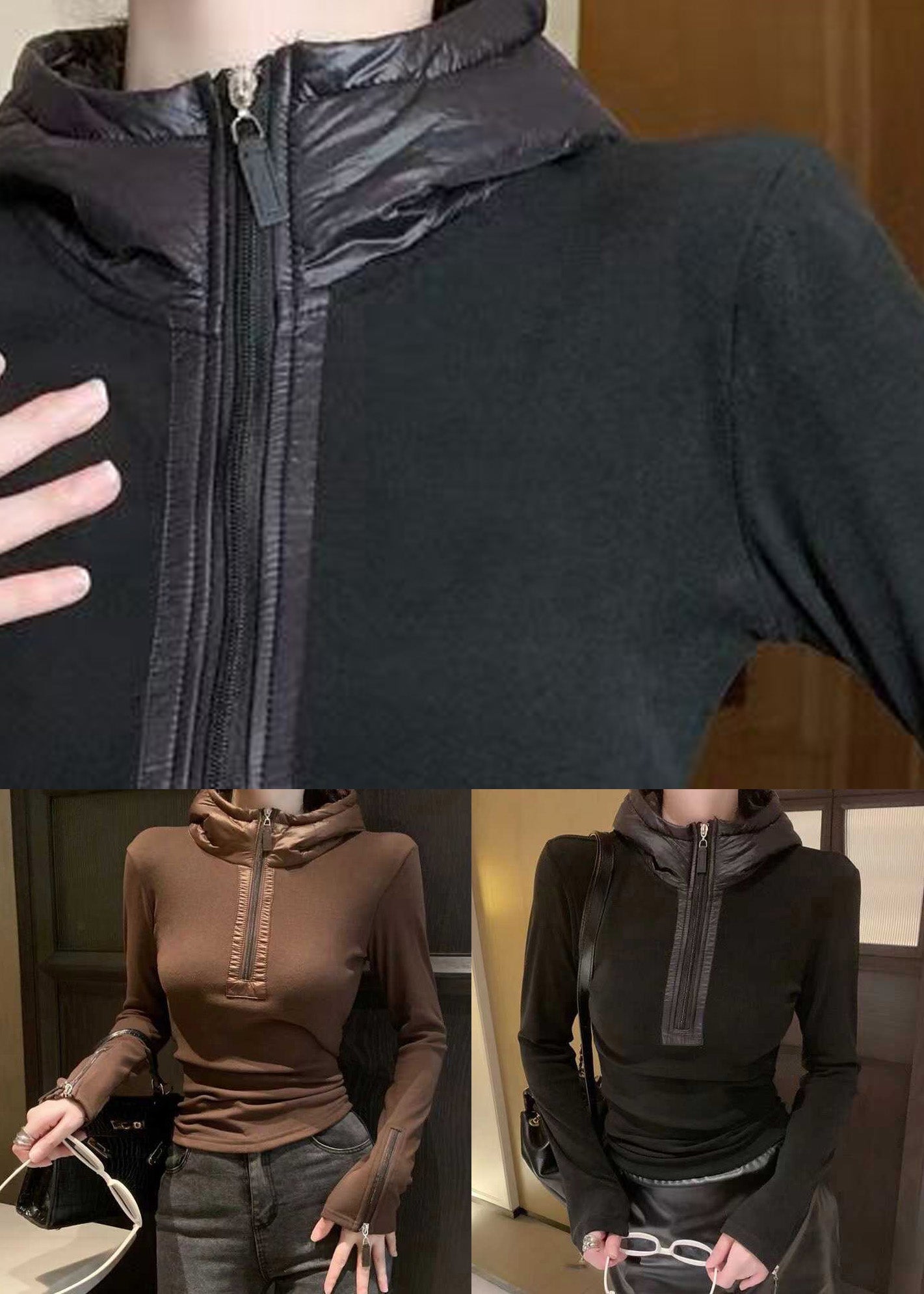Coffee Zippered Patchwork Cotton Winter Shirt Hooded