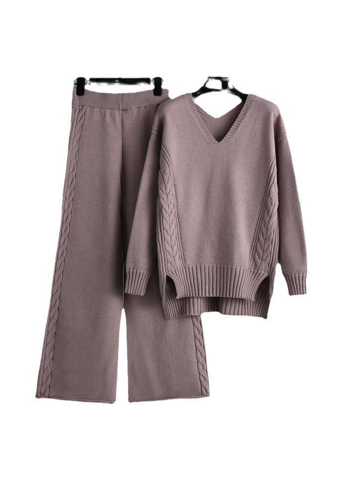 New Apricot V Neck Sweaters and Pants Knit Two Pieces Set Winter