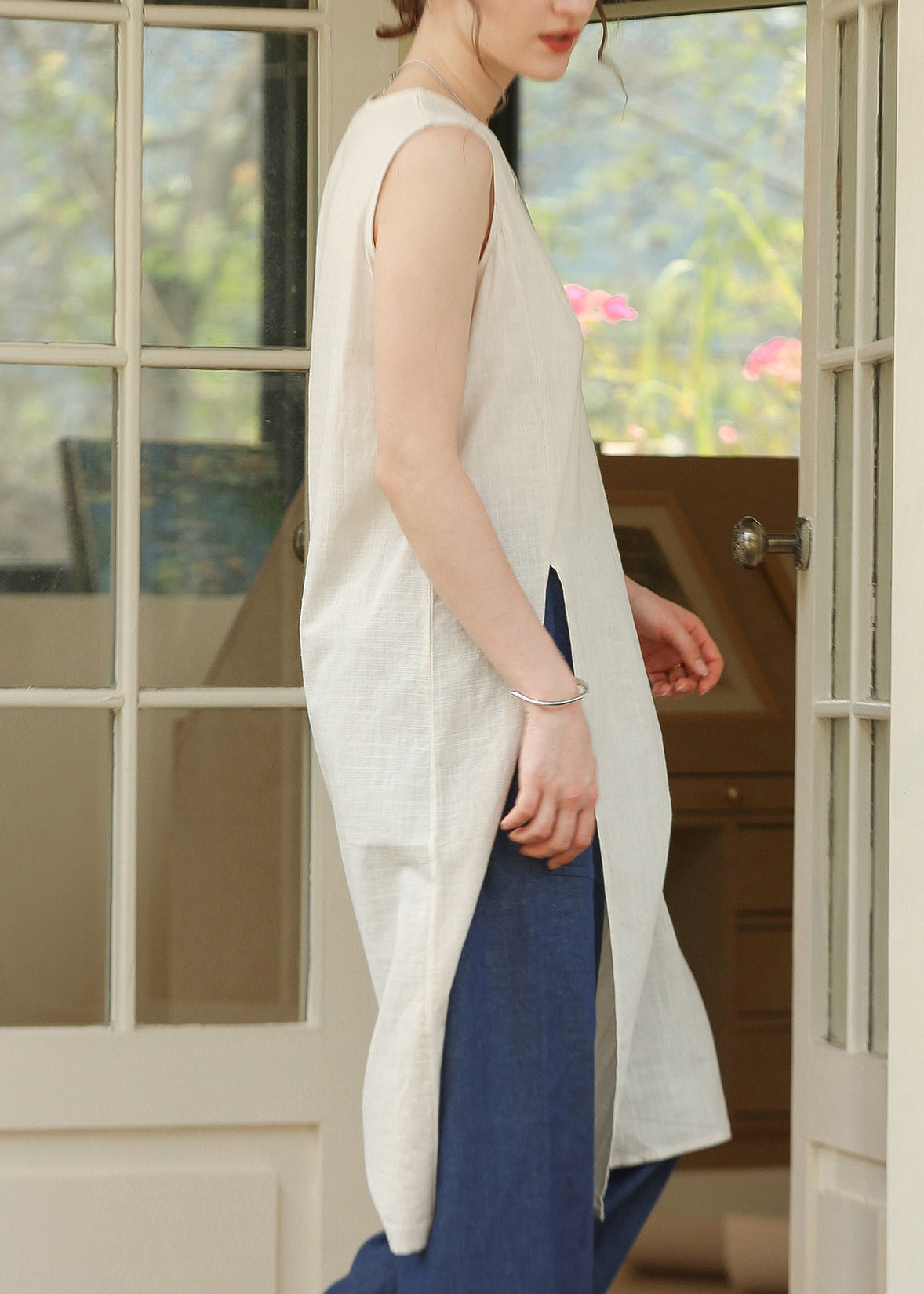 Fine Apricot O Neck Side Open Cotton Dress Sleeveless