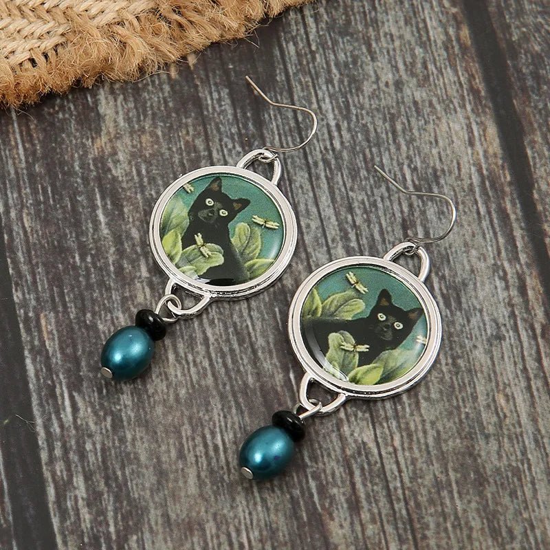 Tropical Black Cat Dangle Earrings