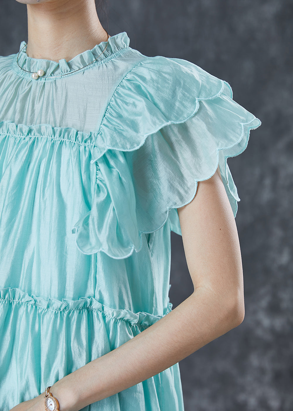 Green Ruffled Silk Beach Dress Butterfly Sleeve