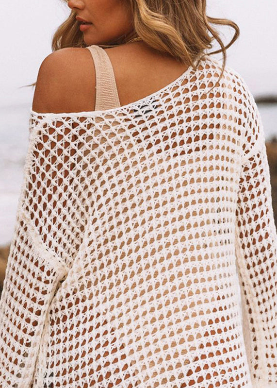 White Hollow Out Knit Cover Up Swimwear