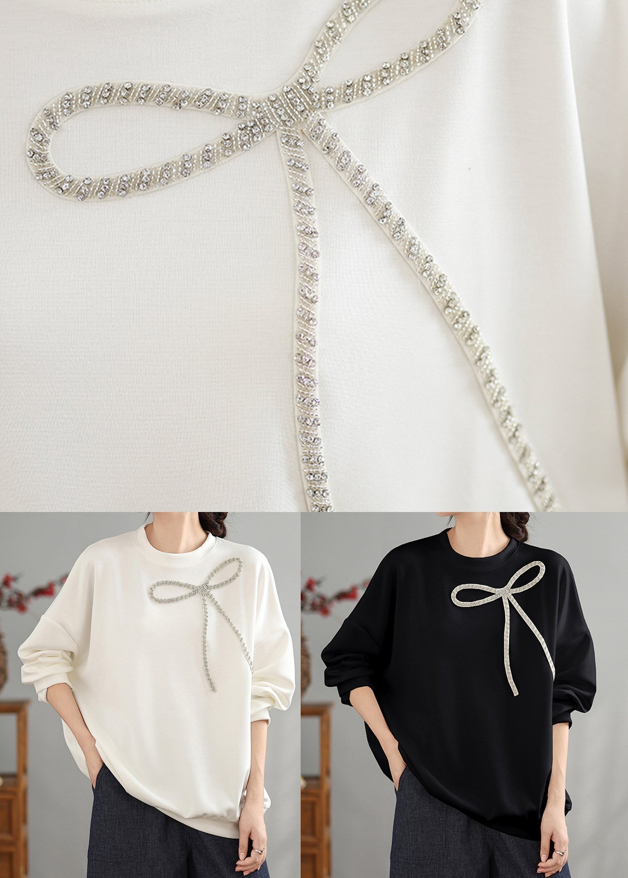 Black O Neck Bow Cotton Pullover Top Spring