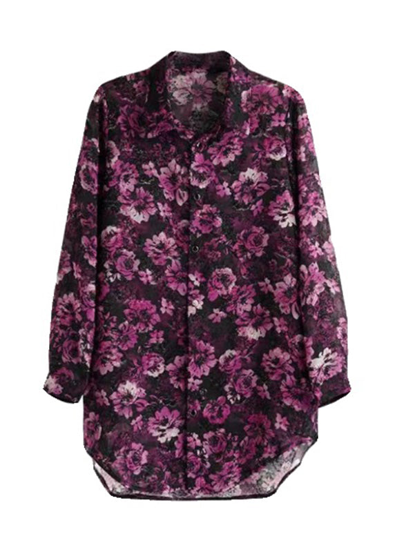 Purple Print Peter Pan Collar Button Chiffon Shirts Fall