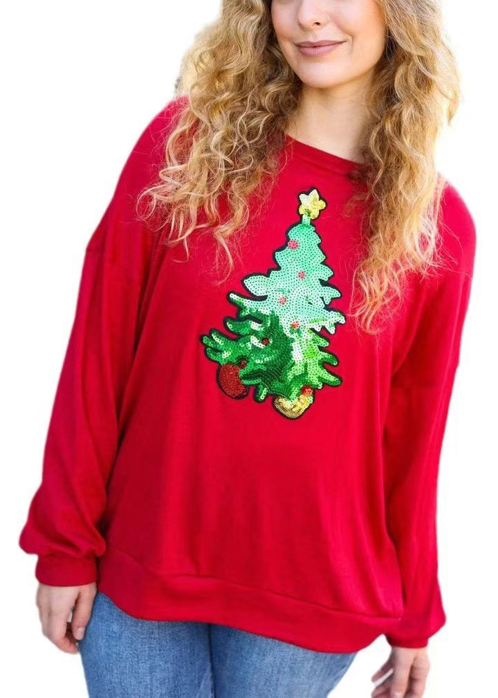 Red O Neck Christmas Tree Sequins Cotton Sweatshirts Top Winter