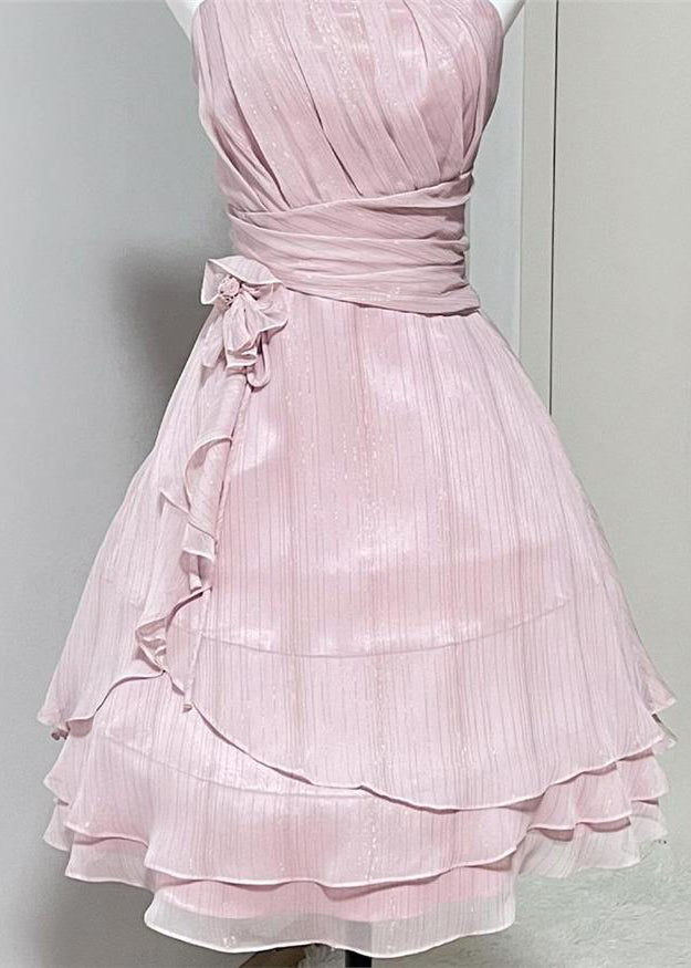 Pink Wrinkled High Waist Silk Spaghetti Strap Dress Sleeveless