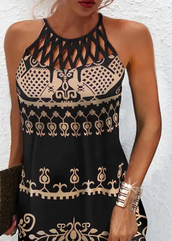 Stylish Black Hollow Out Print Cotton Halter Dresses Sleeveless