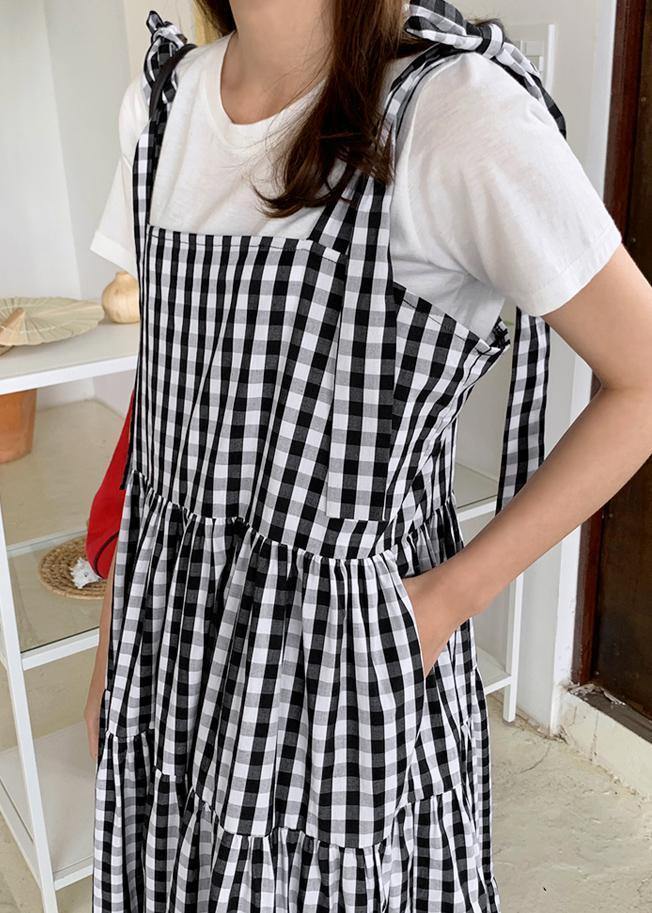 Diy Plaid Cotton Linen Robes Patchwork Pockets Loose Dress