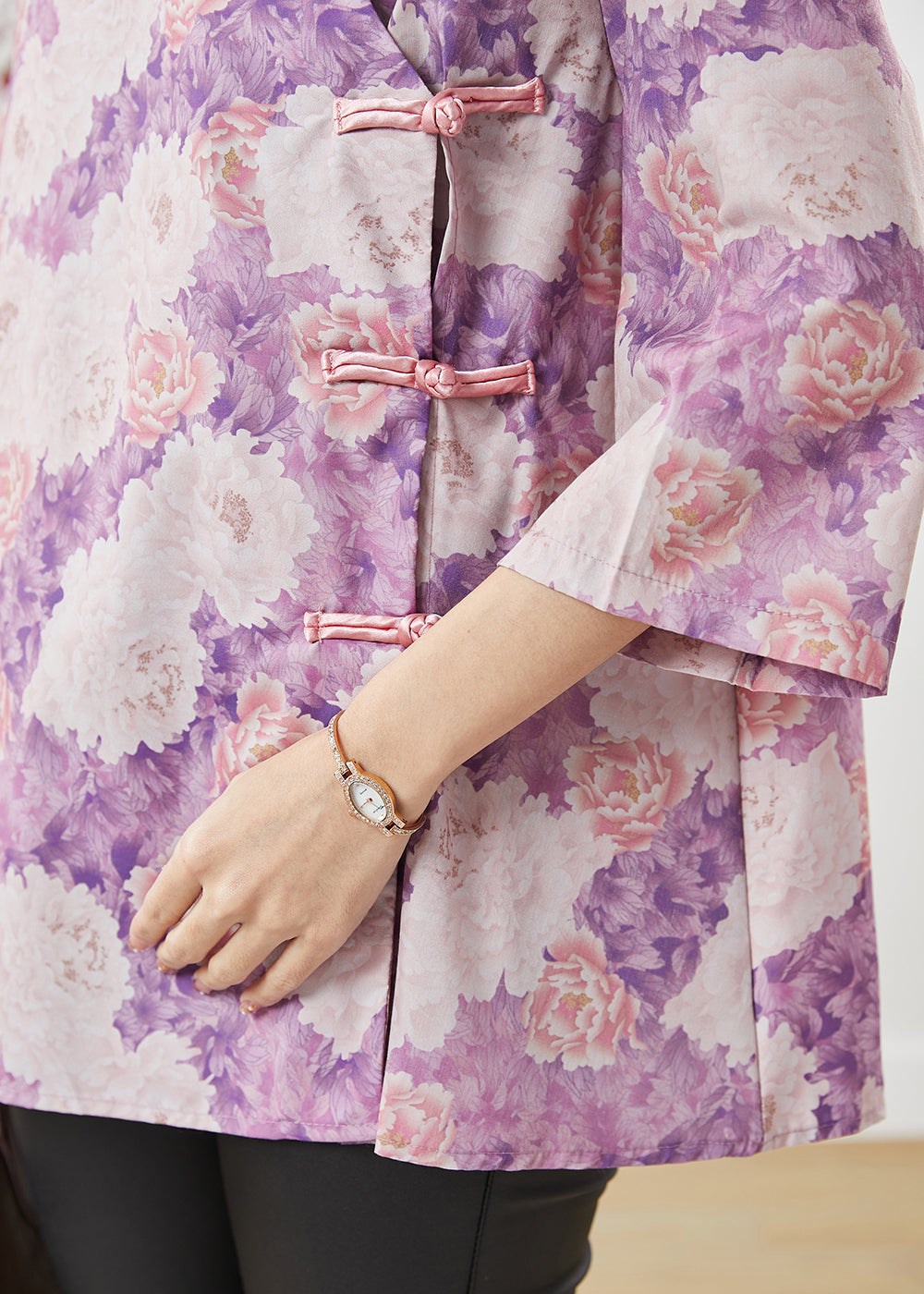 Purple Print Chinese Button Cotton Top Summer