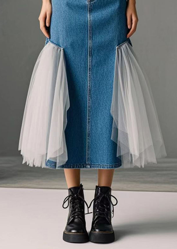 Blue High Waist Patchwork Tulle Denim Wraped Skirts Spring