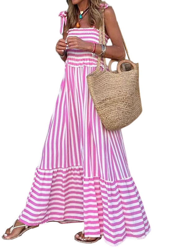 Stylish Pink Striped Ruffled Cotton Spaghetti Strap Dress Summer