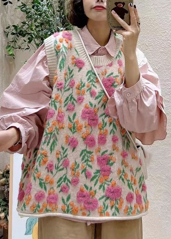 Pink O-neck Embroideried Knit Waistcoat Sleeveless
