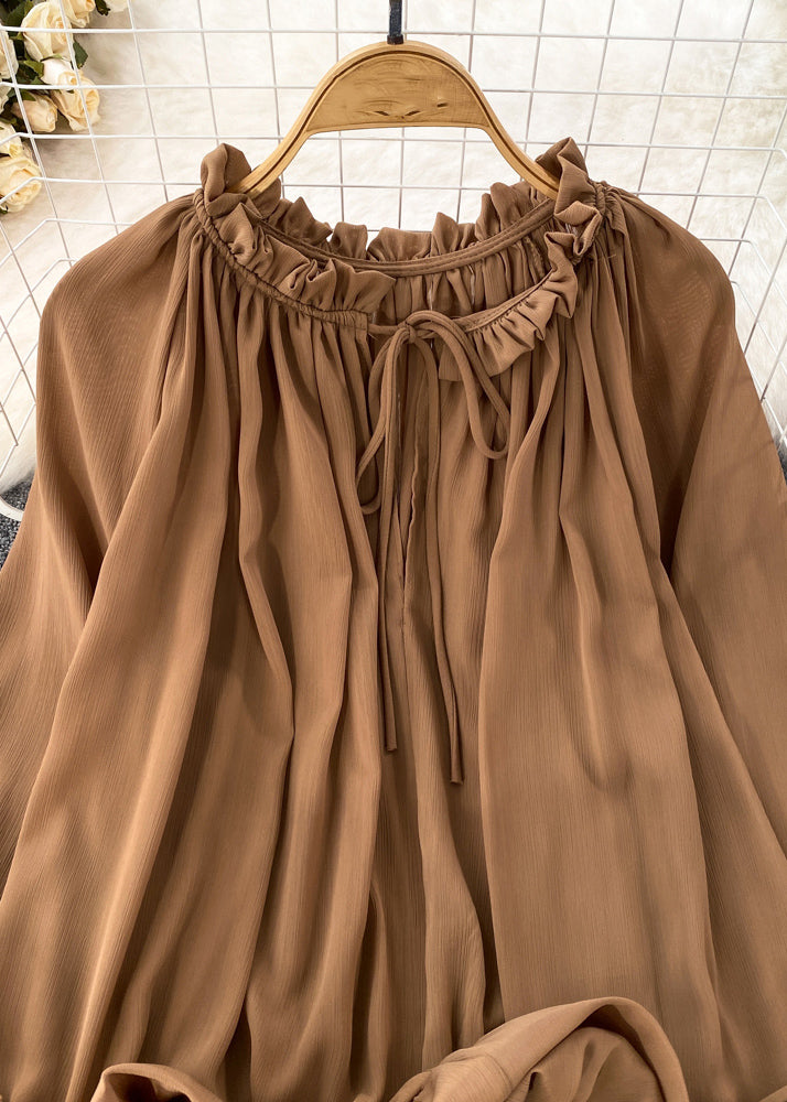 Brown Ruffled Patchwork Chiffon Maxi Skirt Spring