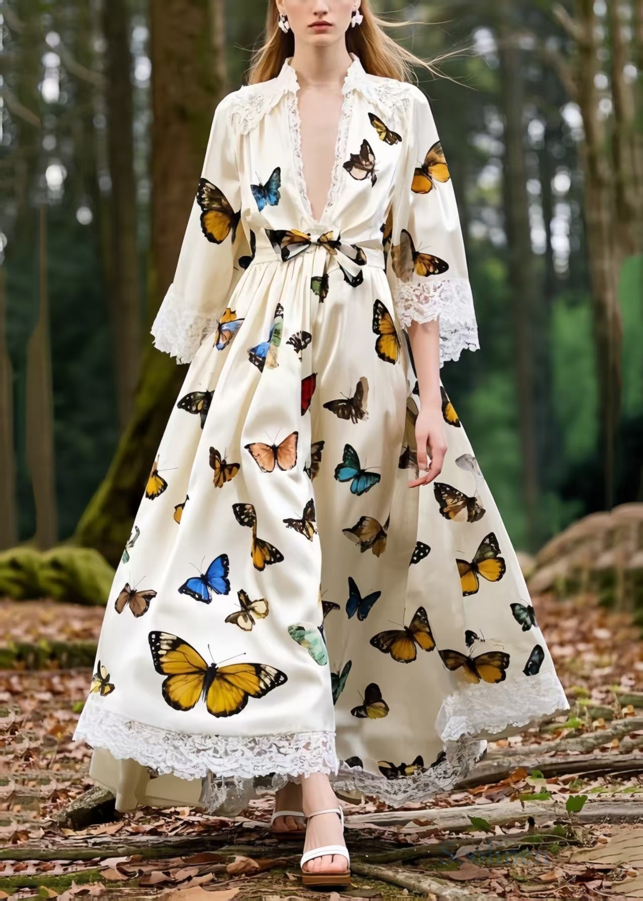 French Polychrome Butterfly Patchwork Lace Party Dress Half Sleeve