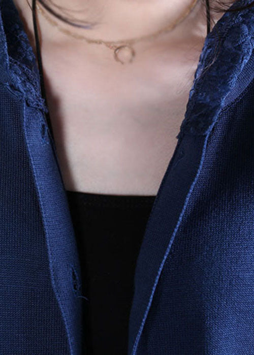 Black Hooded Lace Patchwork Cardigans Spring