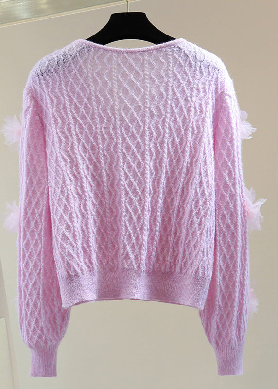 Purple V Neck Nail Bead Cotton Knit Sweaters Winter