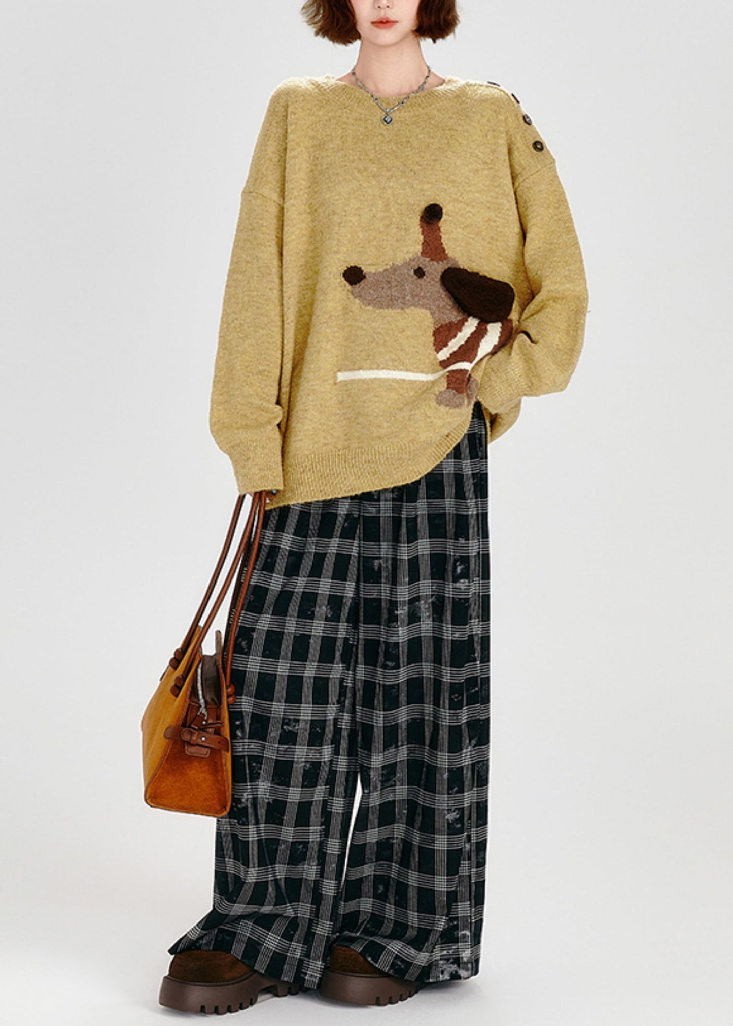 Diy Yellow Asymmetrical Dog Jacquard Knit Sweater Tops Winter