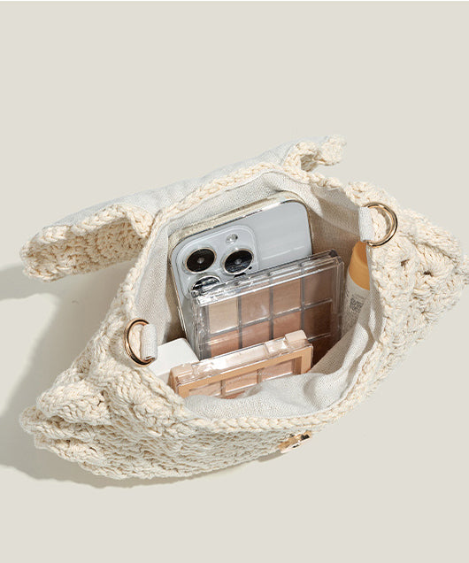 Beige Hollow Out Knit Cross-body Bag