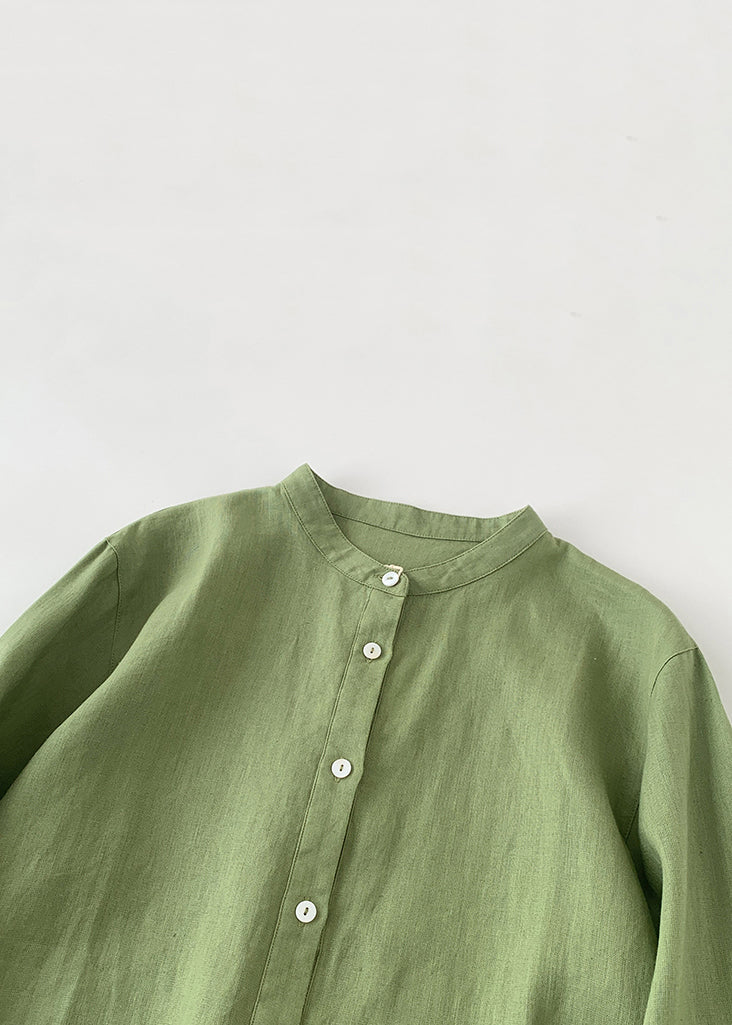 Loose Green O-neck Button Linen Shirts Spring