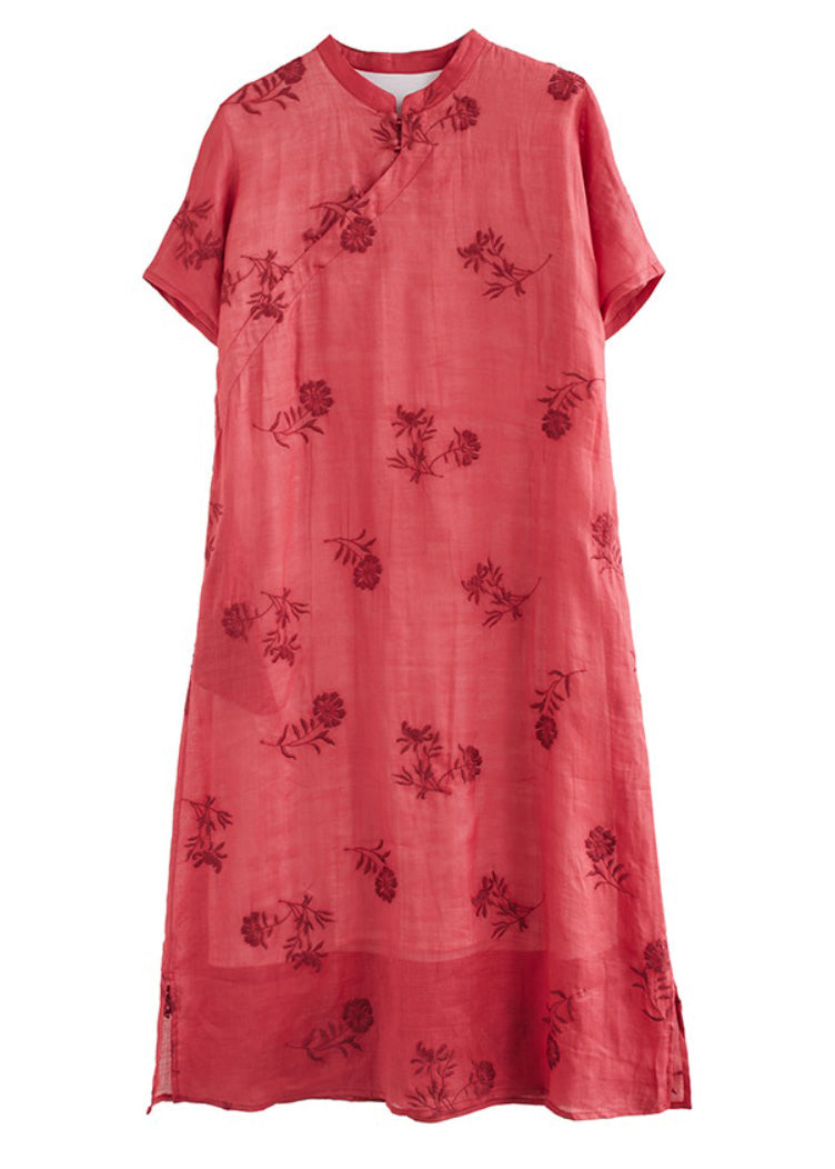 Red Stand Collar Side Open Layered Maxi Dress Short Sleeve