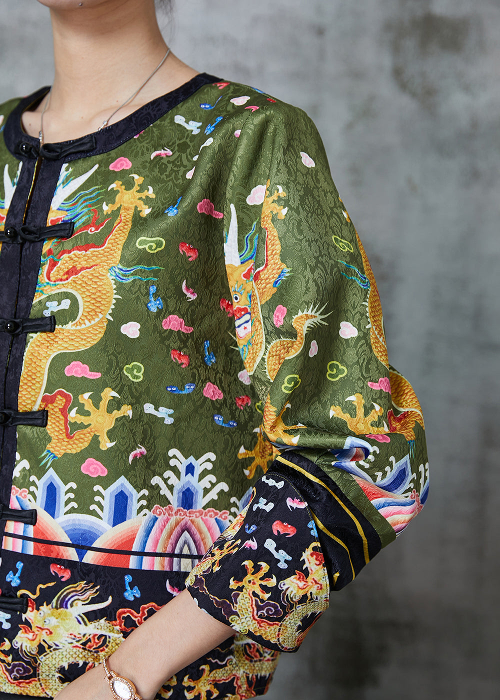 Green Embroidered Patchwork Silk Coat Spring