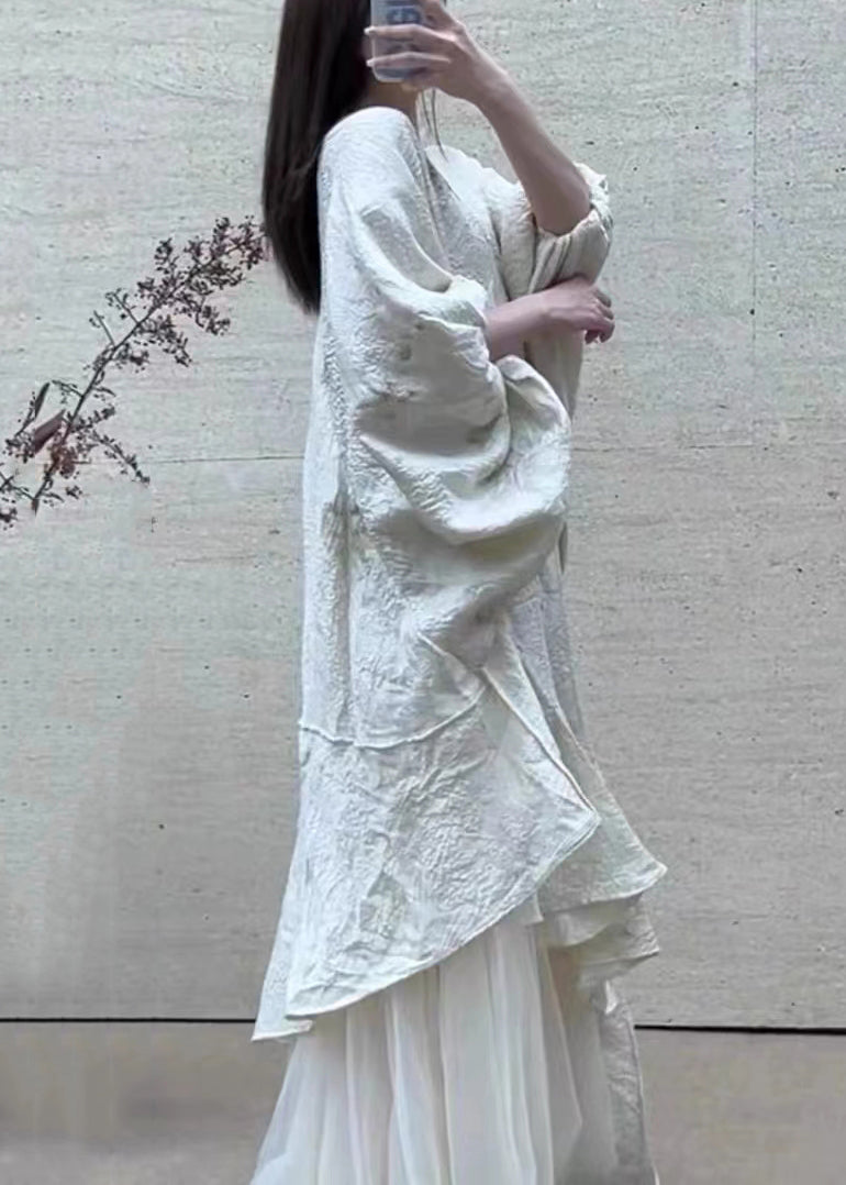 Beige Asymmetrical Tulle Patchwork Maxi Dress Lantern Sleeve