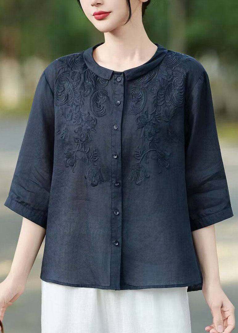 Yellow Peter Pan Collar Embroidered Linen Shirt Tops Half Sleeve